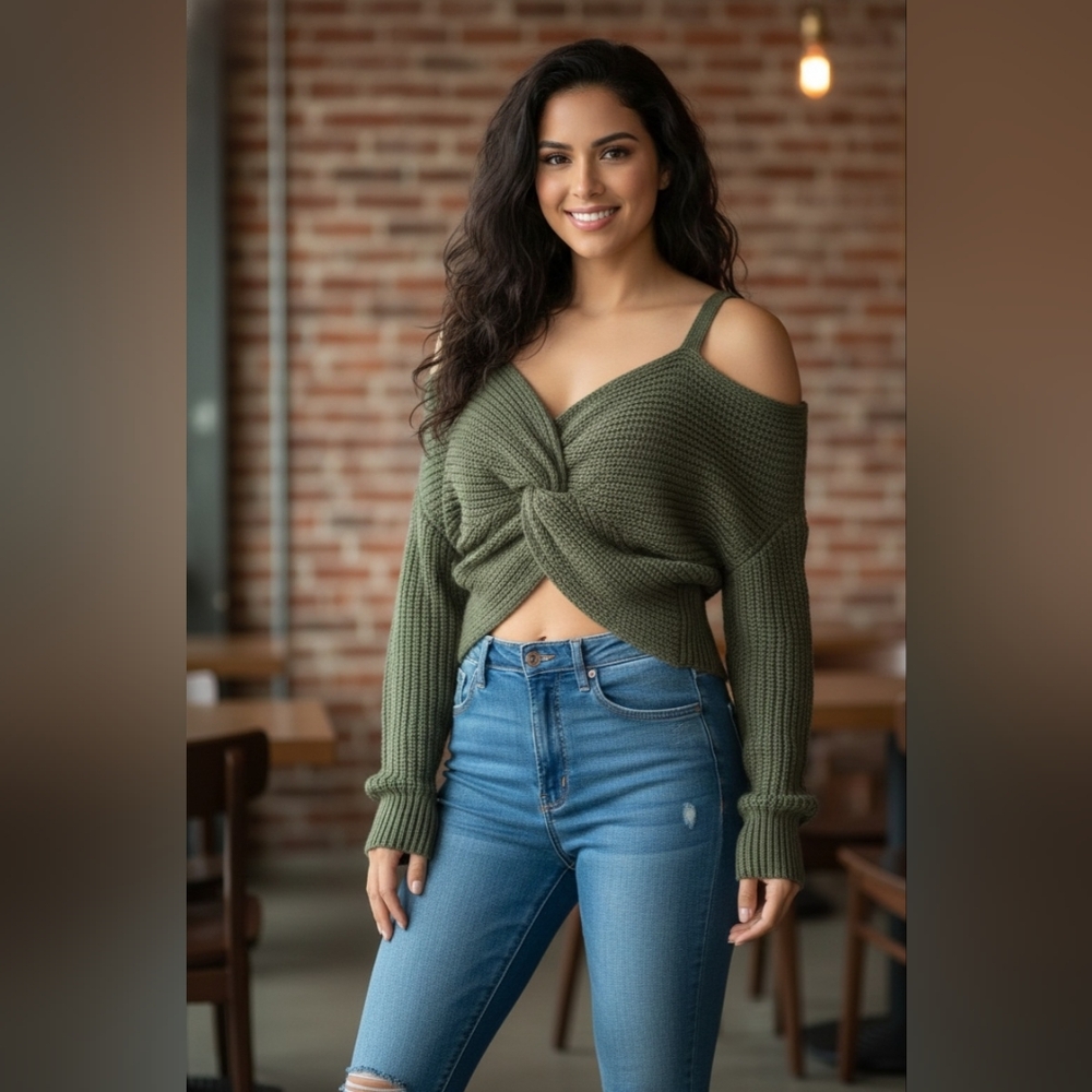 Fashion Nova Olive Off-the-Shoulder Sweater